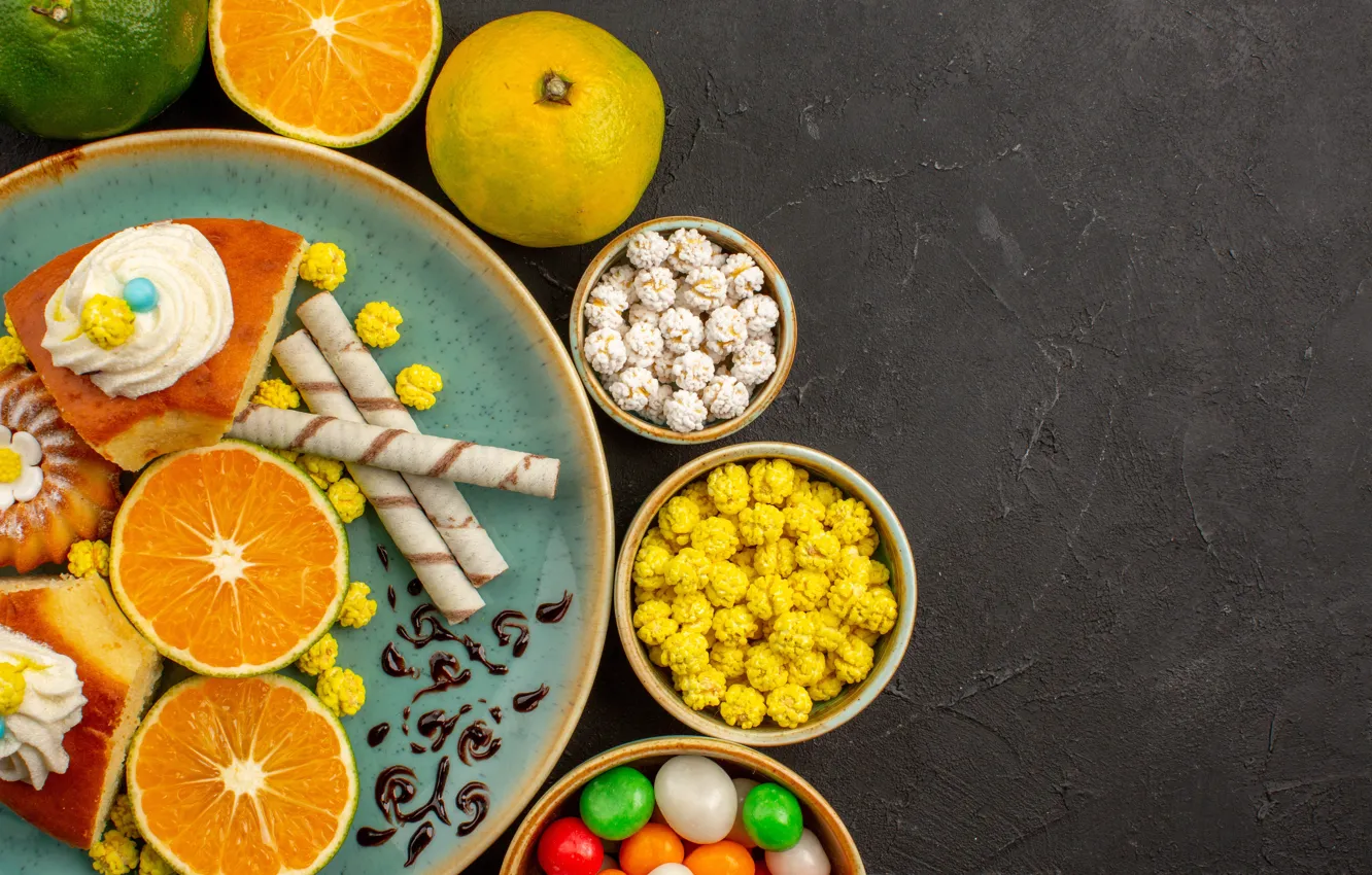 Photo wallpaper cookies, plate, candy, lime, citrus, bowl, fruit, grey background