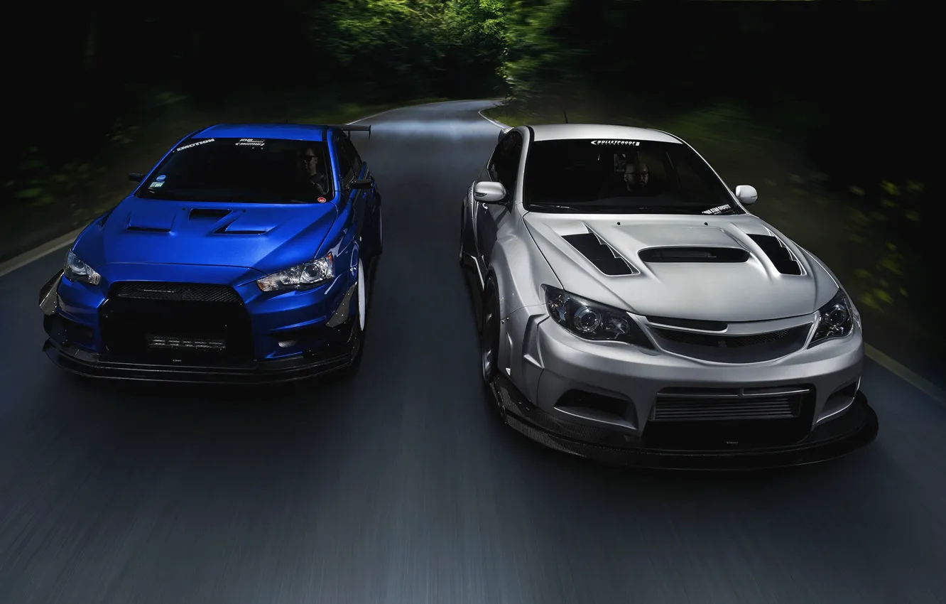 Photo wallpaper Subaru, Impreza, Mitsubishi, Lancer, Evolution, road, blue, front