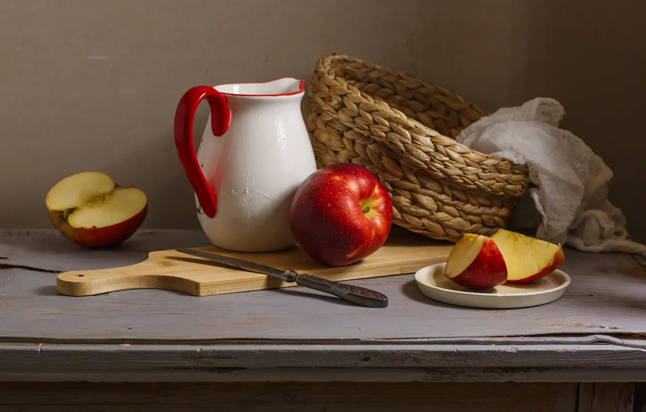 Photo wallpaper red, table, apples, knife, pitcher, still life, network, slices