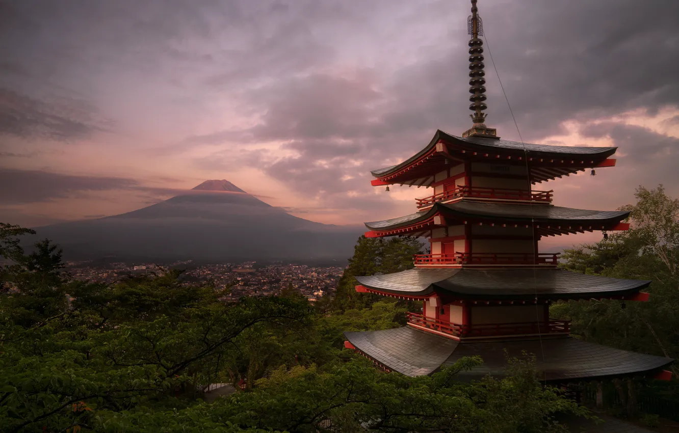 Photo wallpaper greens, summer, clouds, trees, landscape, mountains, branches, overcast