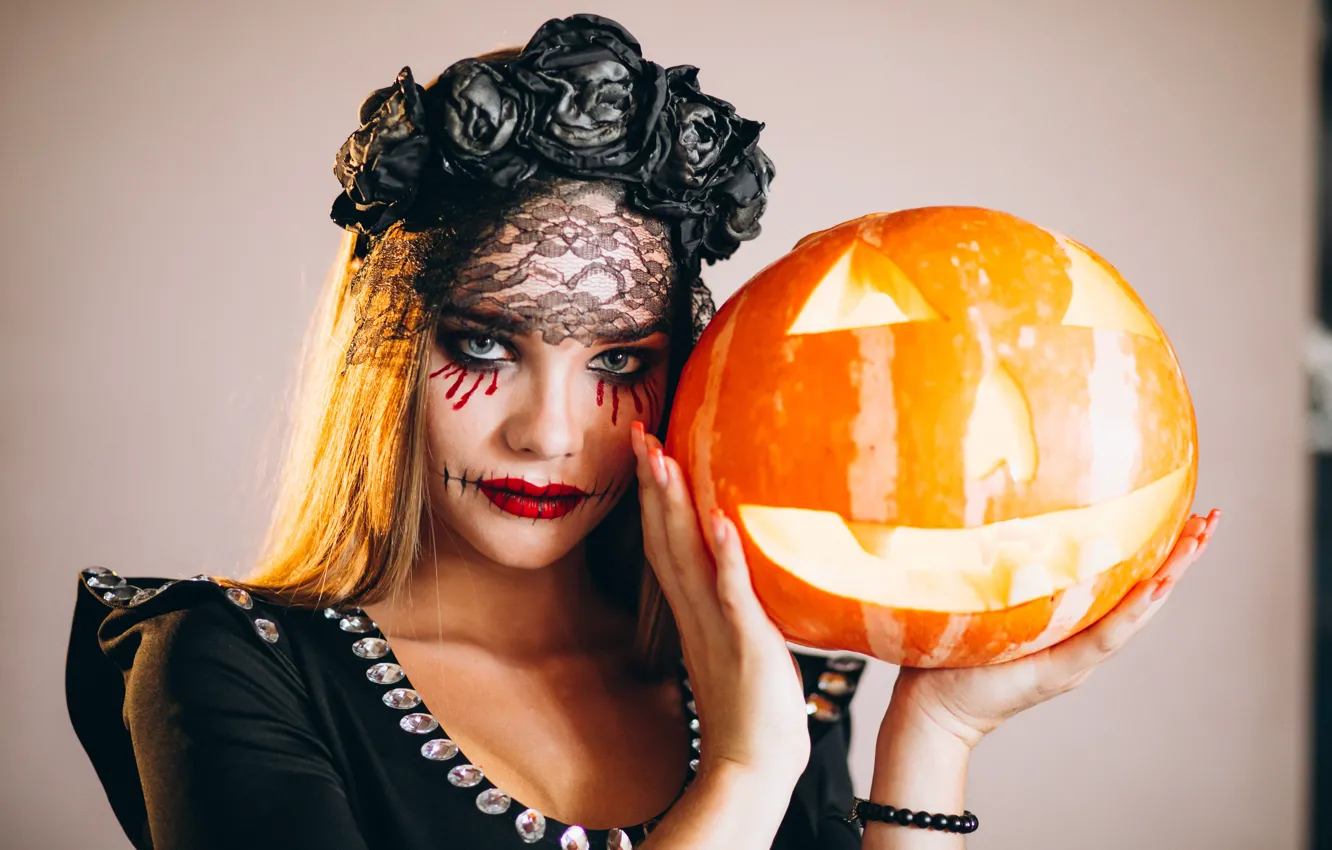 Photo wallpaper autumn, girl, the dark background, holiday, makeup, pumpkin, Halloween, witch