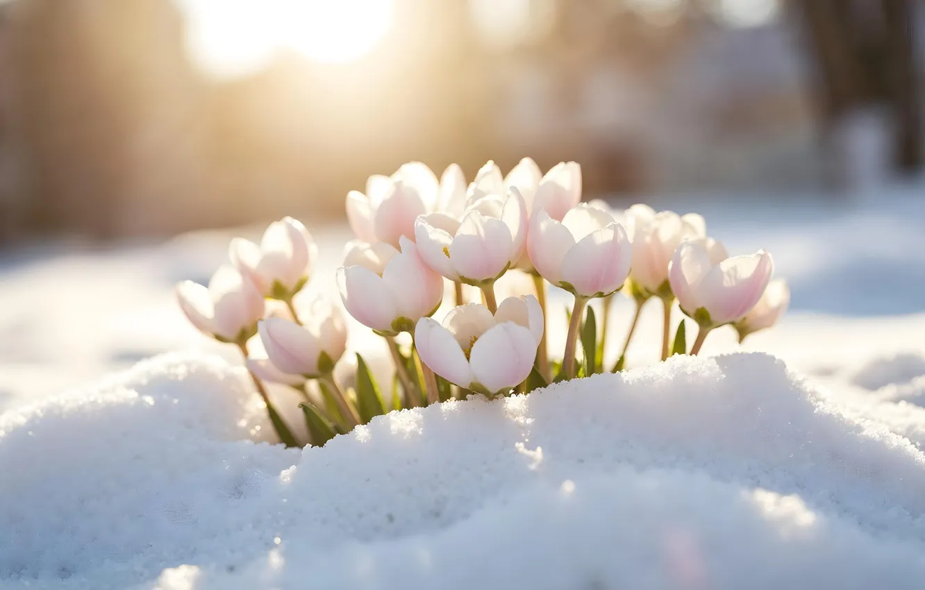 Photo wallpaper winter, snow, flowers, spring, flowers, winter, snow, spring