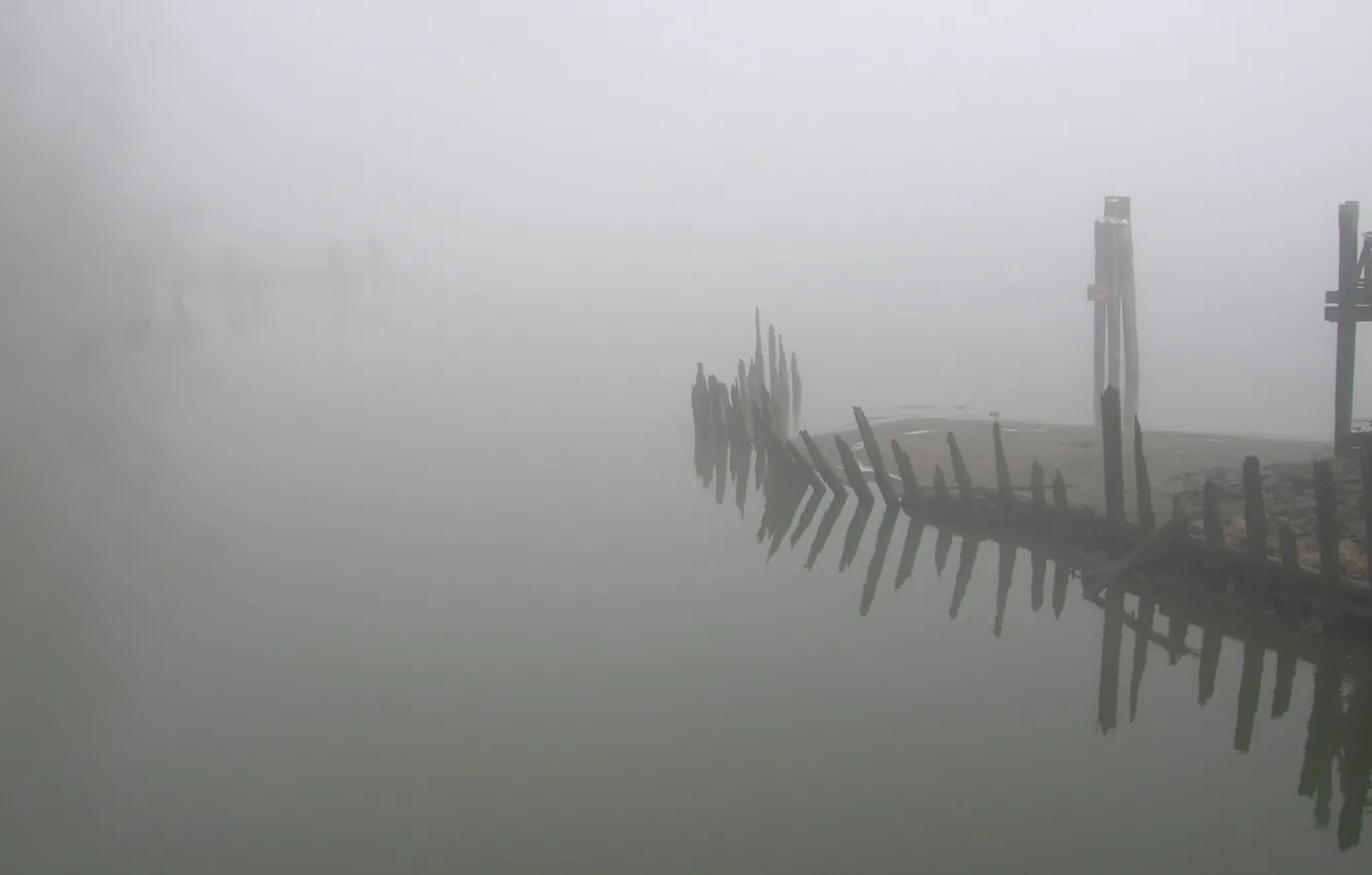Photo wallpaper fog, shore, the remains
