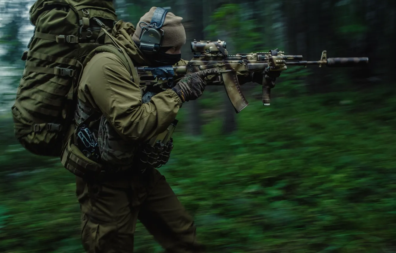 Photo wallpaper forest, backpack, infantryman, shooter, AK-74M