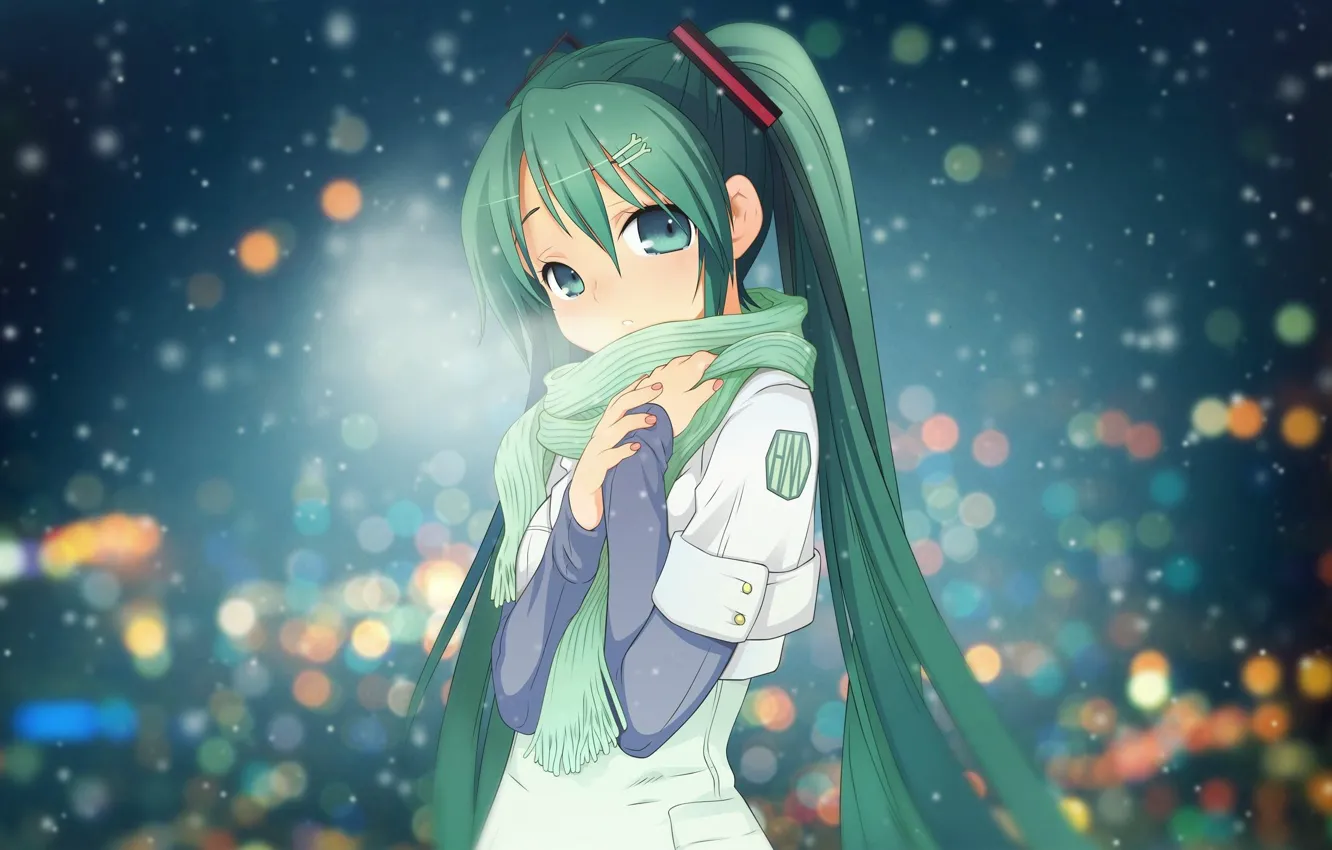 Photo wallpaper winter, snow, lights, anime, hatsune miku, Vocaloid, Miku