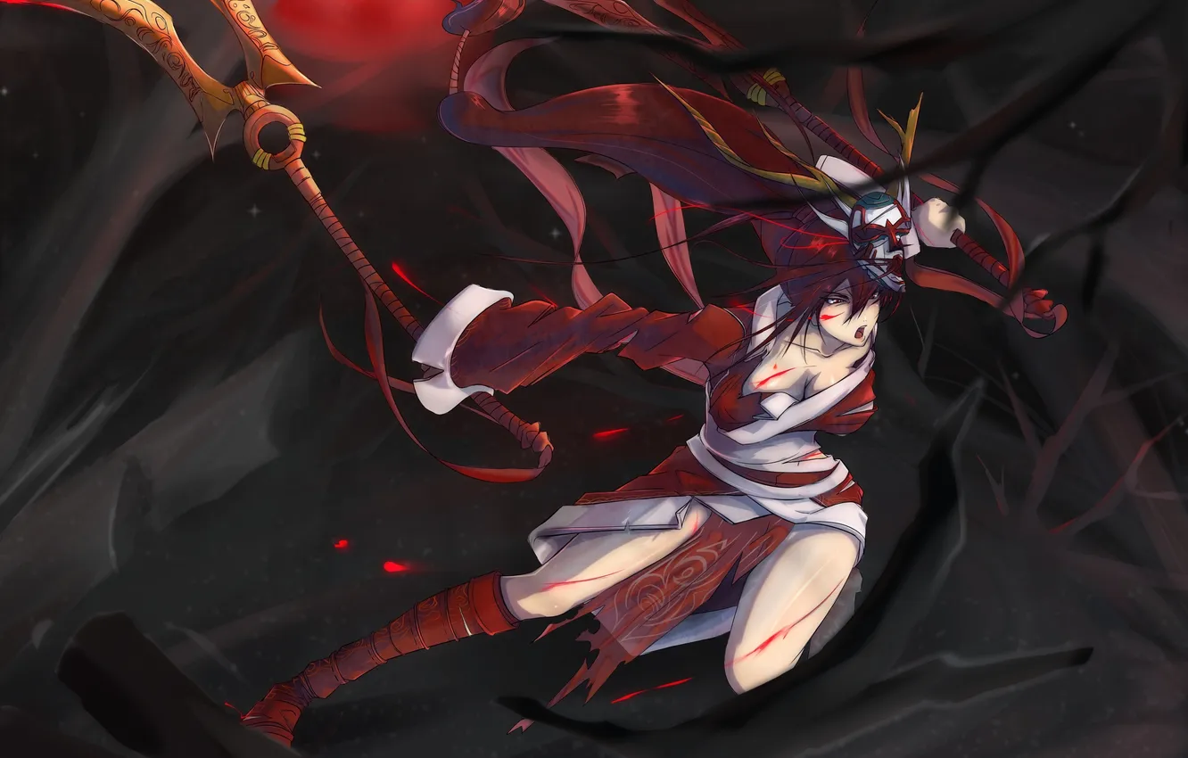 Photo wallpaper look, girl, weapons, mask, the battle, art, Akali, League of Legends