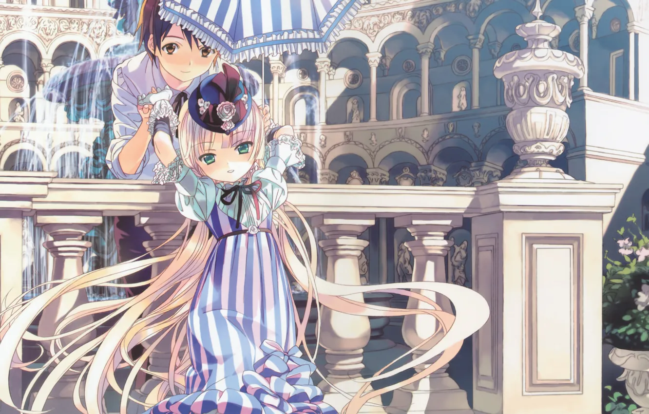 Photo wallpaper water, girl, flowers, Gothic, roses, umbrella, anime, art