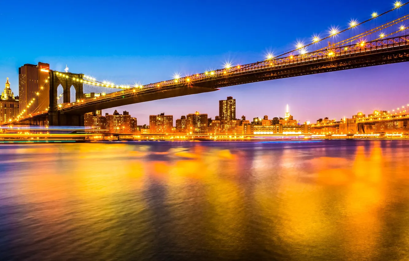 Photo wallpaper night, bridge, the city, lights, Strait, the evening, USA