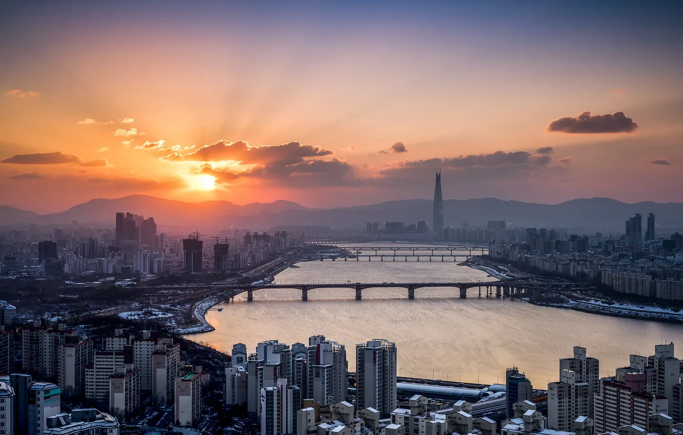 Photo wallpaper Seoul, Han River, Lotte Tower, Winter Sunrise