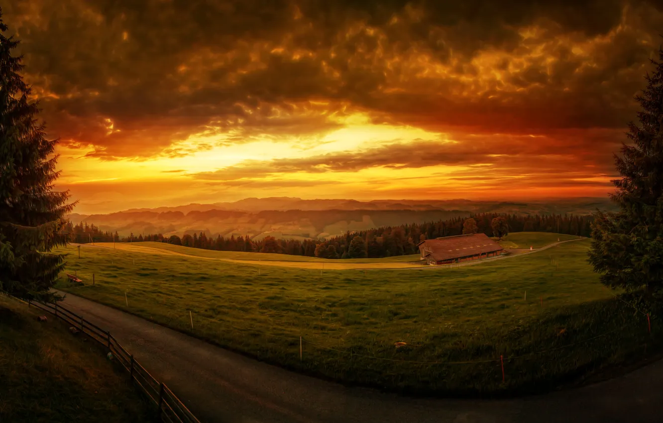 Photo wallpaper road, field, forest, the sky, clouds, sunset, home, Switzerland