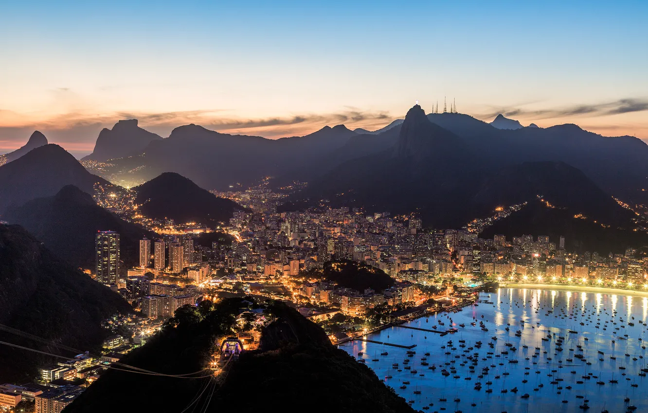 Photo wallpaper the sky, clouds, sunset, the city, lights, boat, Bay, the evening