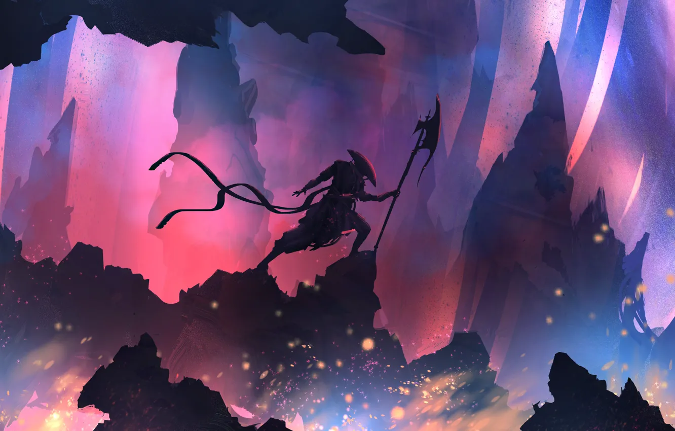 Photo wallpaper landscape, figure, warrior, silhouette, art, landscapes, digital art, Ember