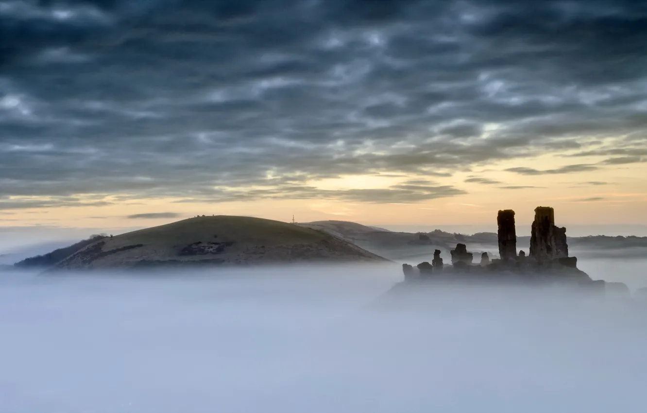 Photo wallpaper landscape, sunset, fog, Corfe Castle