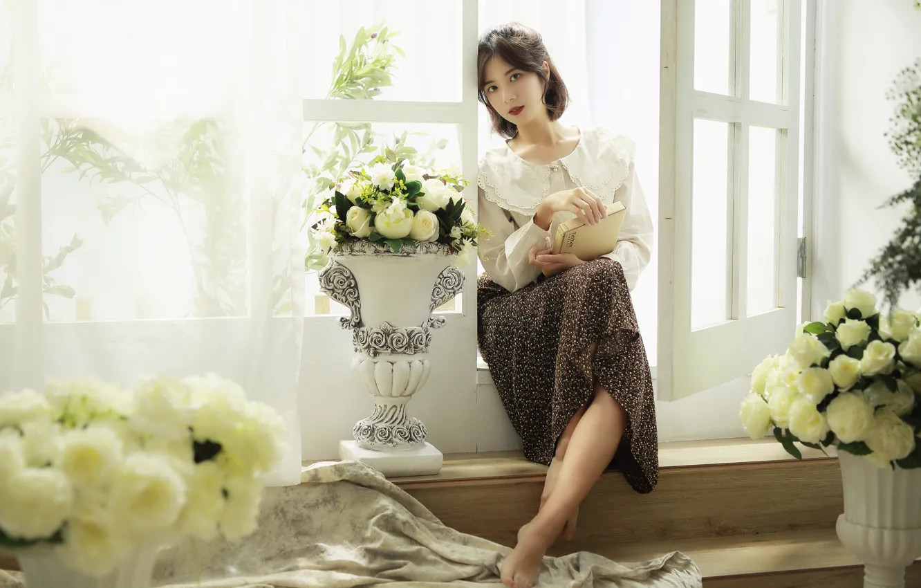 Photo wallpaper girl, flowers, Asian