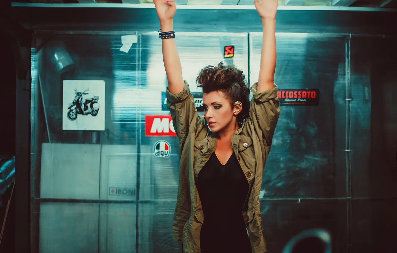 Photo wallpaper girl, garage, biker