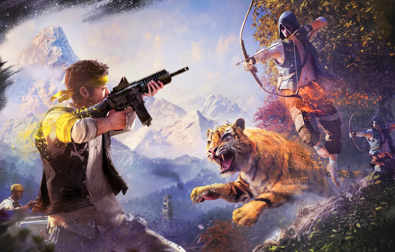 Photo wallpaper The sky, Clouds, Mountains, Tiger, Trees, Snow, Bow, Weapons