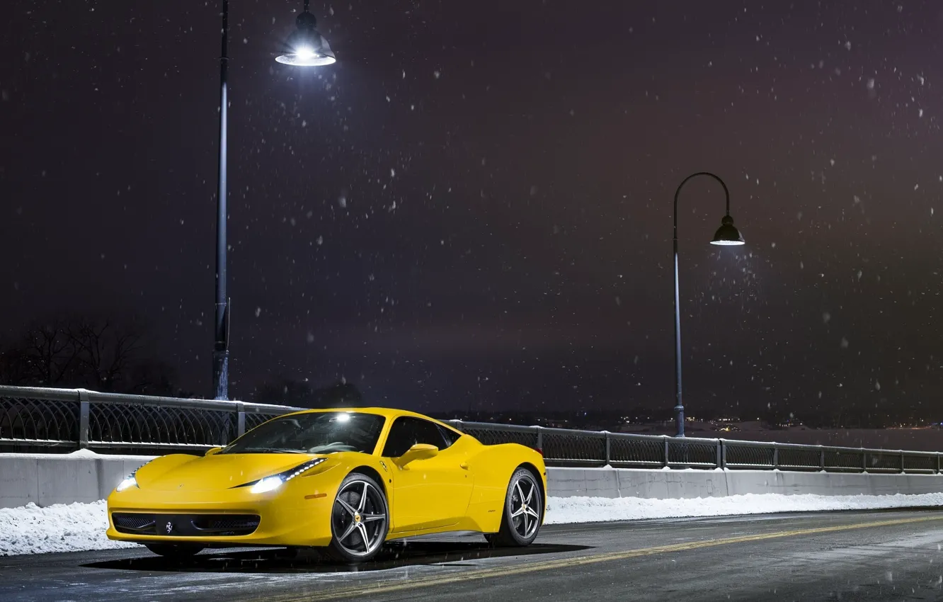 Photo wallpaper Ferrari, 458, Front, Snow, Yellow, Italia, Road, Supercar