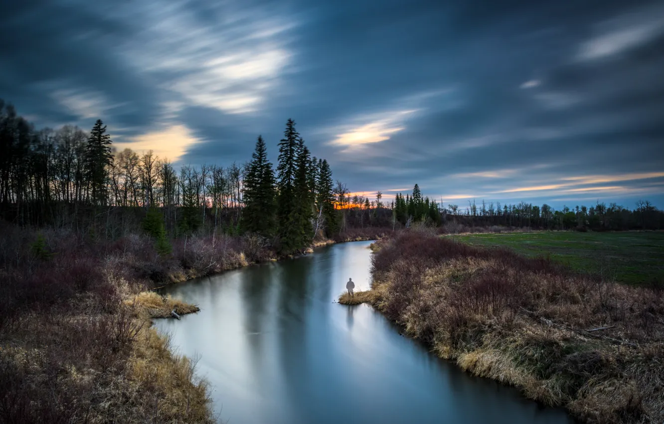 Photo wallpaper grass, trees, sunset, the evening, Canada, river, Alberta, Sturgeon County
