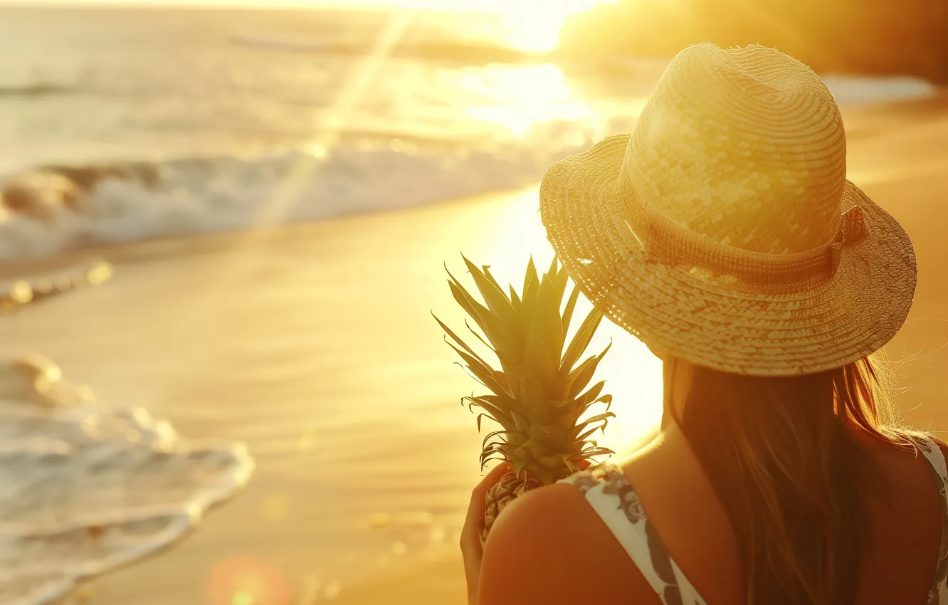 Photo wallpaper sea, wave, beach, summer, girl, the sun, rays, light