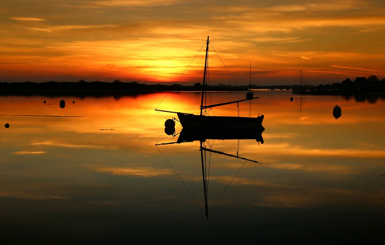 Photo wallpaper the sky, the sun, sunset, boat, silhouette, pond