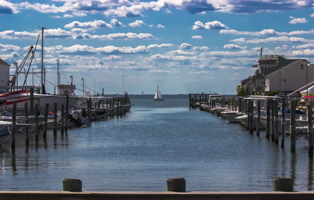 Photo wallpaper sea, sailboat, promenade, sea, clouds, sailing, Sailing boat