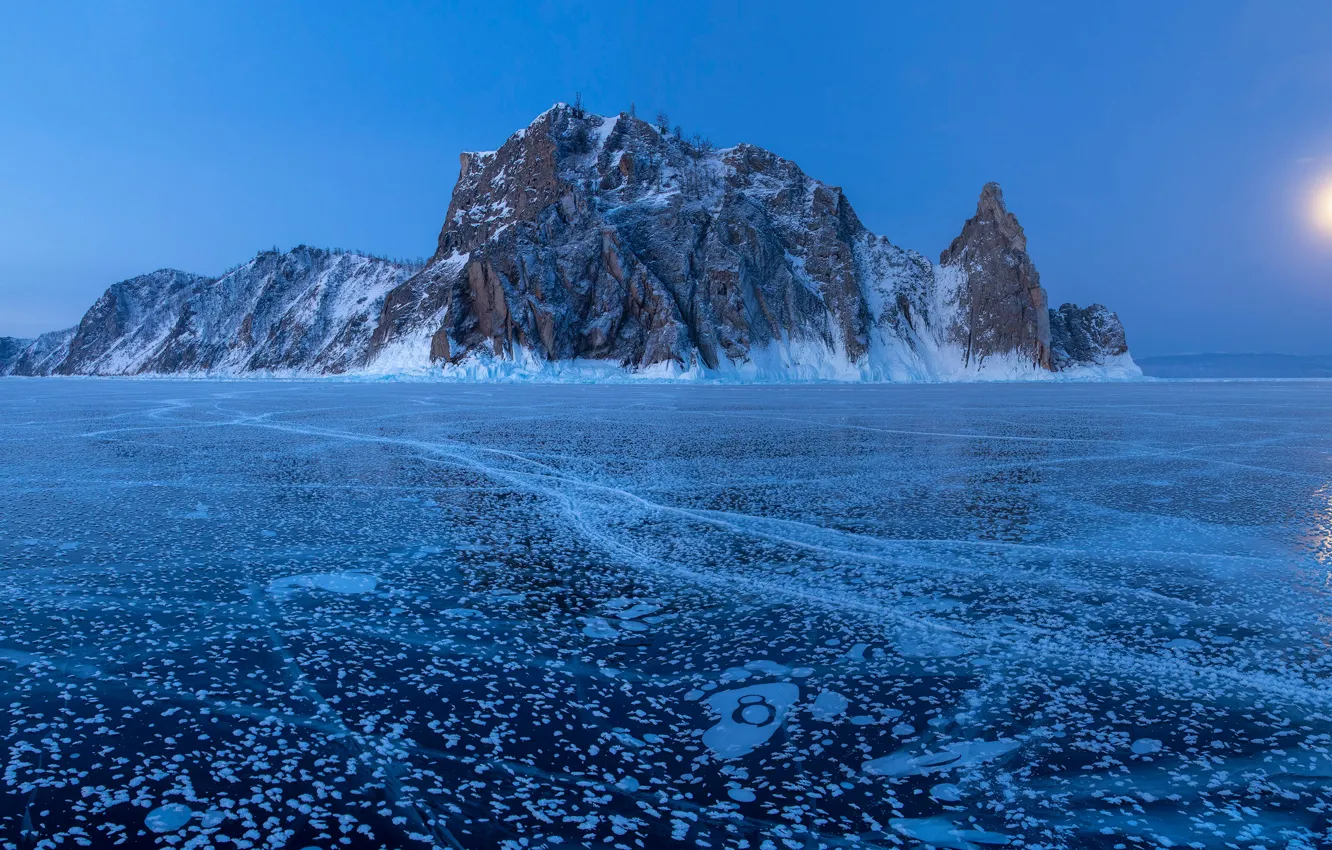 Photo wallpaper winter, rock, lake, island, ice, Russia, Lake Baikal, Olkhon Island