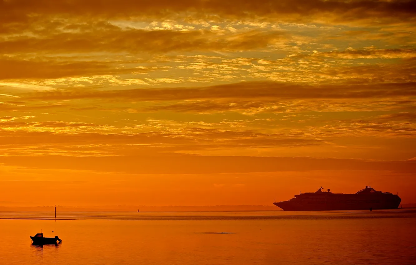 Photo wallpaper sea, the sky, clouds, sunset, ship, boat