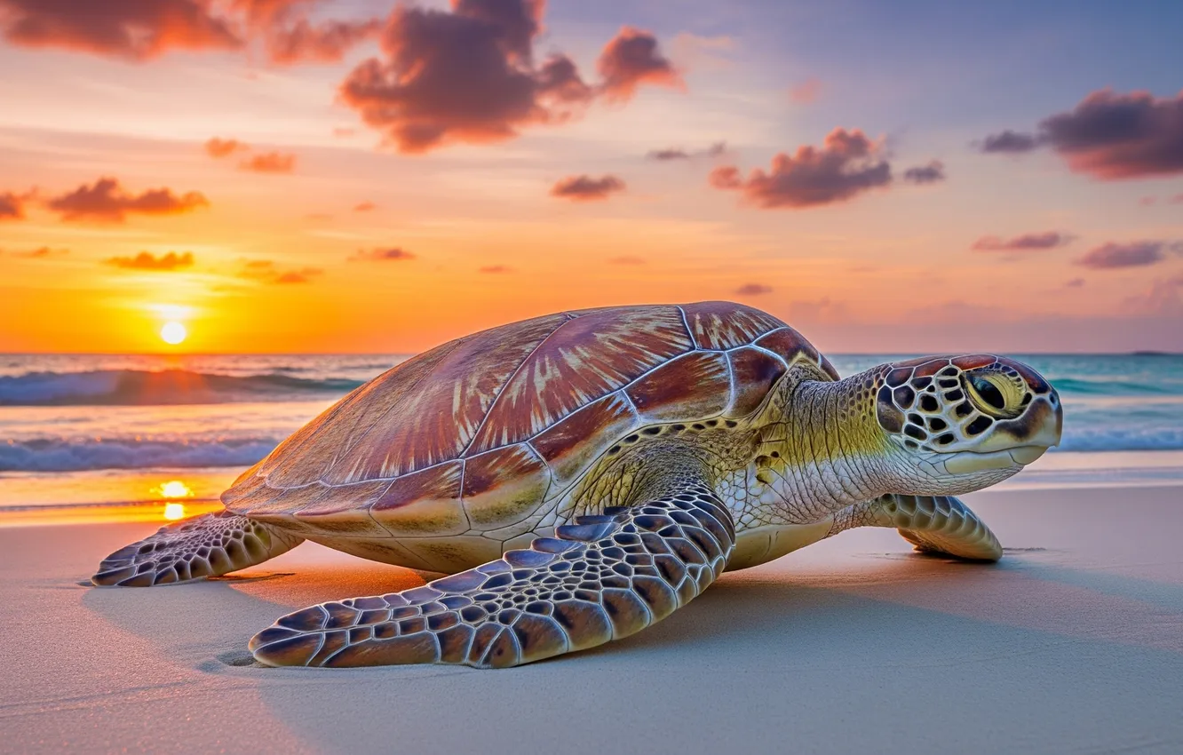 Photo wallpaper the sky, the sun, clouds, sunset, the ocean, Wallpaper, shore, turtle
