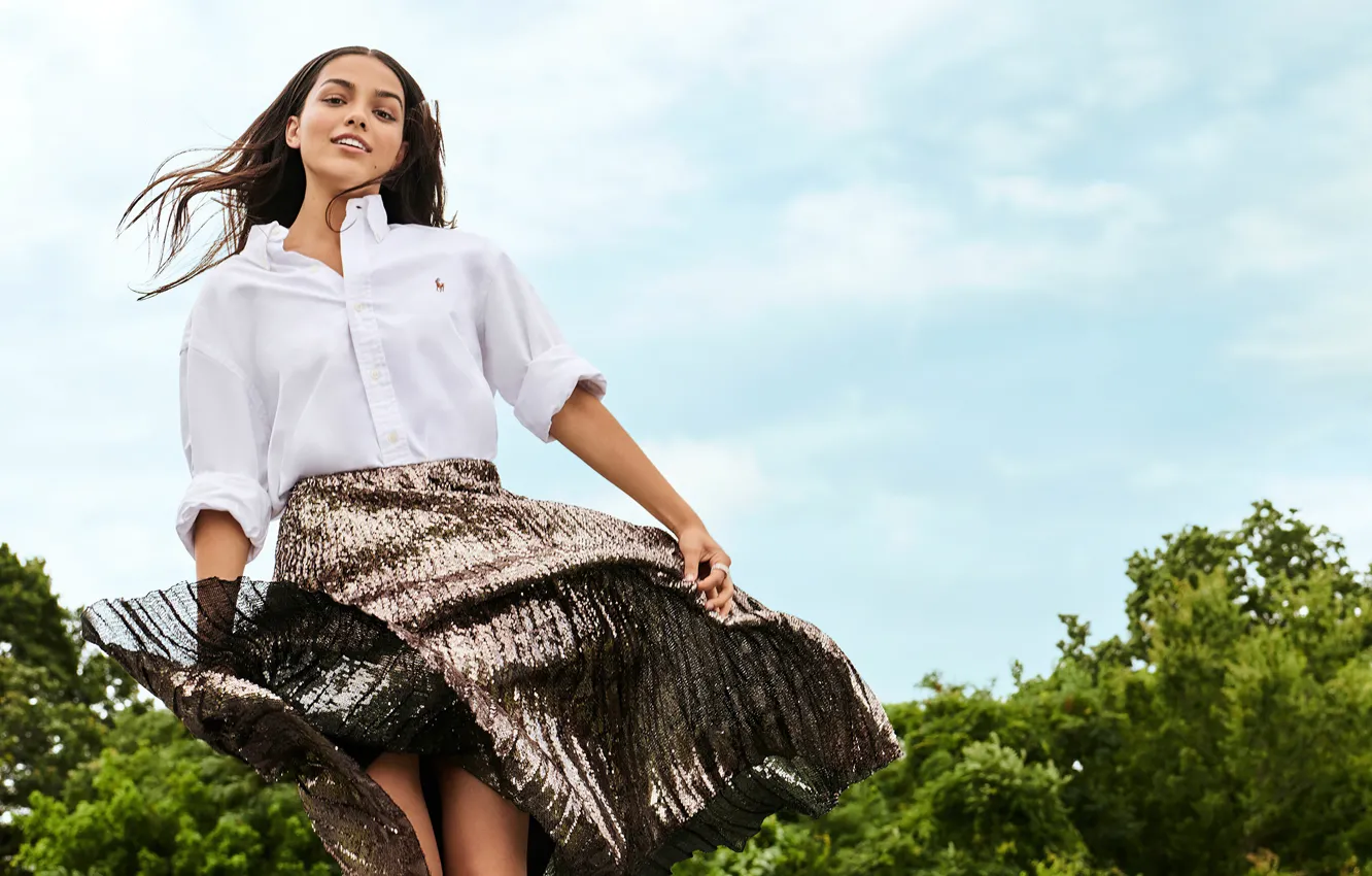 Photo wallpaper look, girl, pose, smile, skirt, actress, beautiful, Rachel Zegler