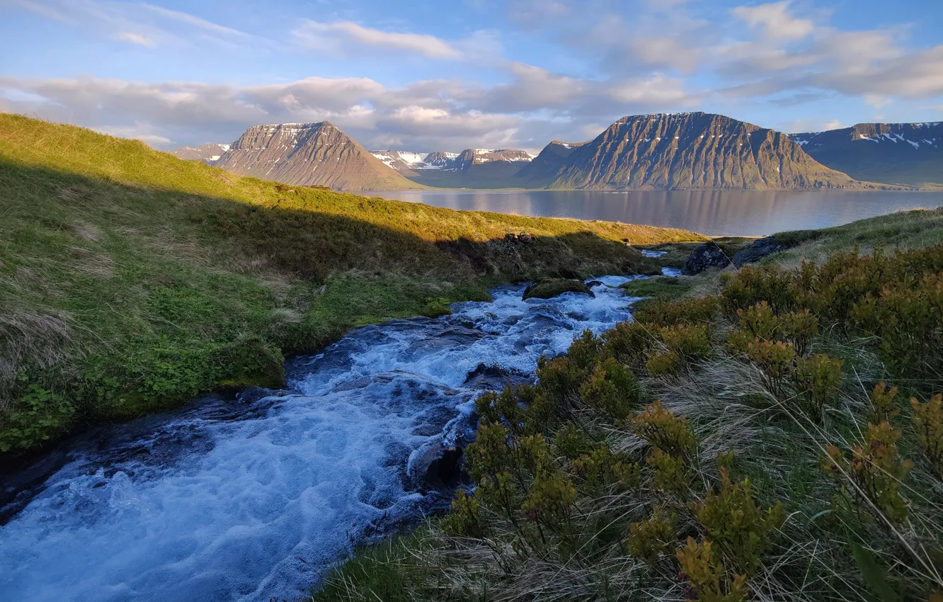 Photo wallpaper river, field, landscape, nature, mountains, clouds, lake, Iceland