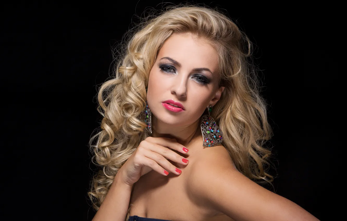 Photo wallpaper background, black, hair, portrait, makeup, blonde, curly, Sergejs Rahunoks