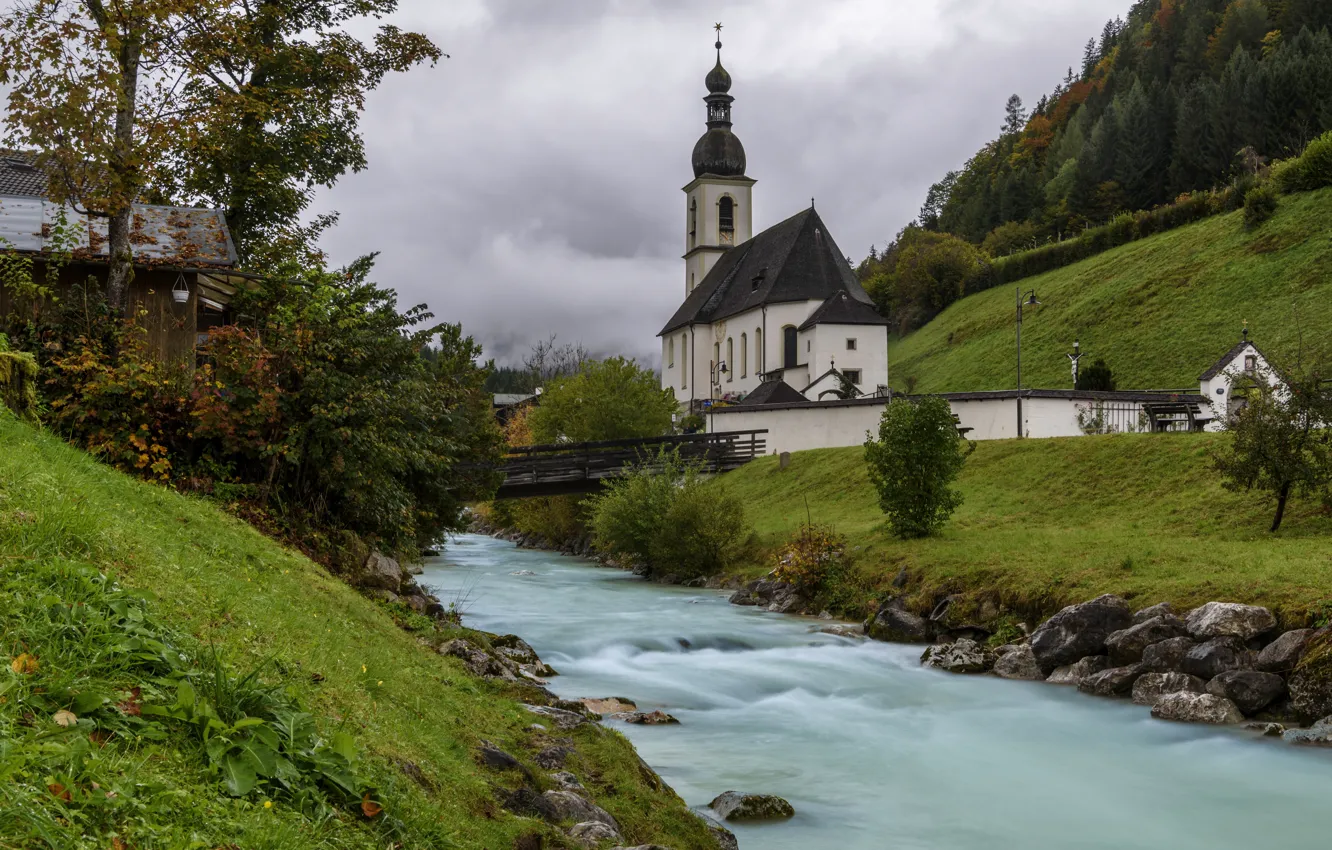 Photo wallpaper forest, river, shore, Germany, Bayern, Church, Ramsau, Church of St. Sebastian