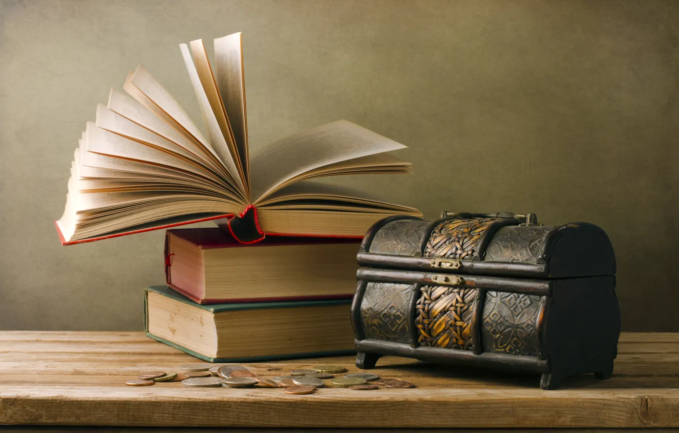 Photo wallpaper table, book, coins, vintage, page, vintage, chest