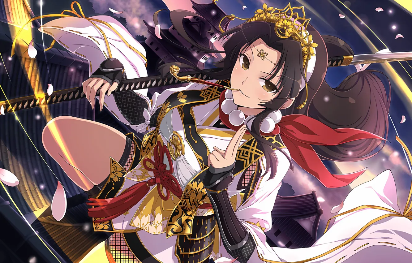 Photo wallpaper girl, sword, long hair, brown eyes, anime, beautiful, pretty, armour