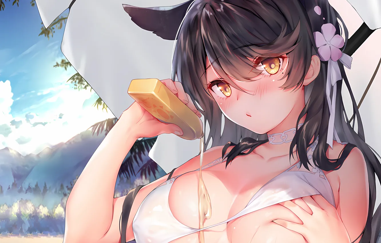 Photo wallpaper girl, sexy, cleavage, long hair, boobs, animal ears, anime, beautiful