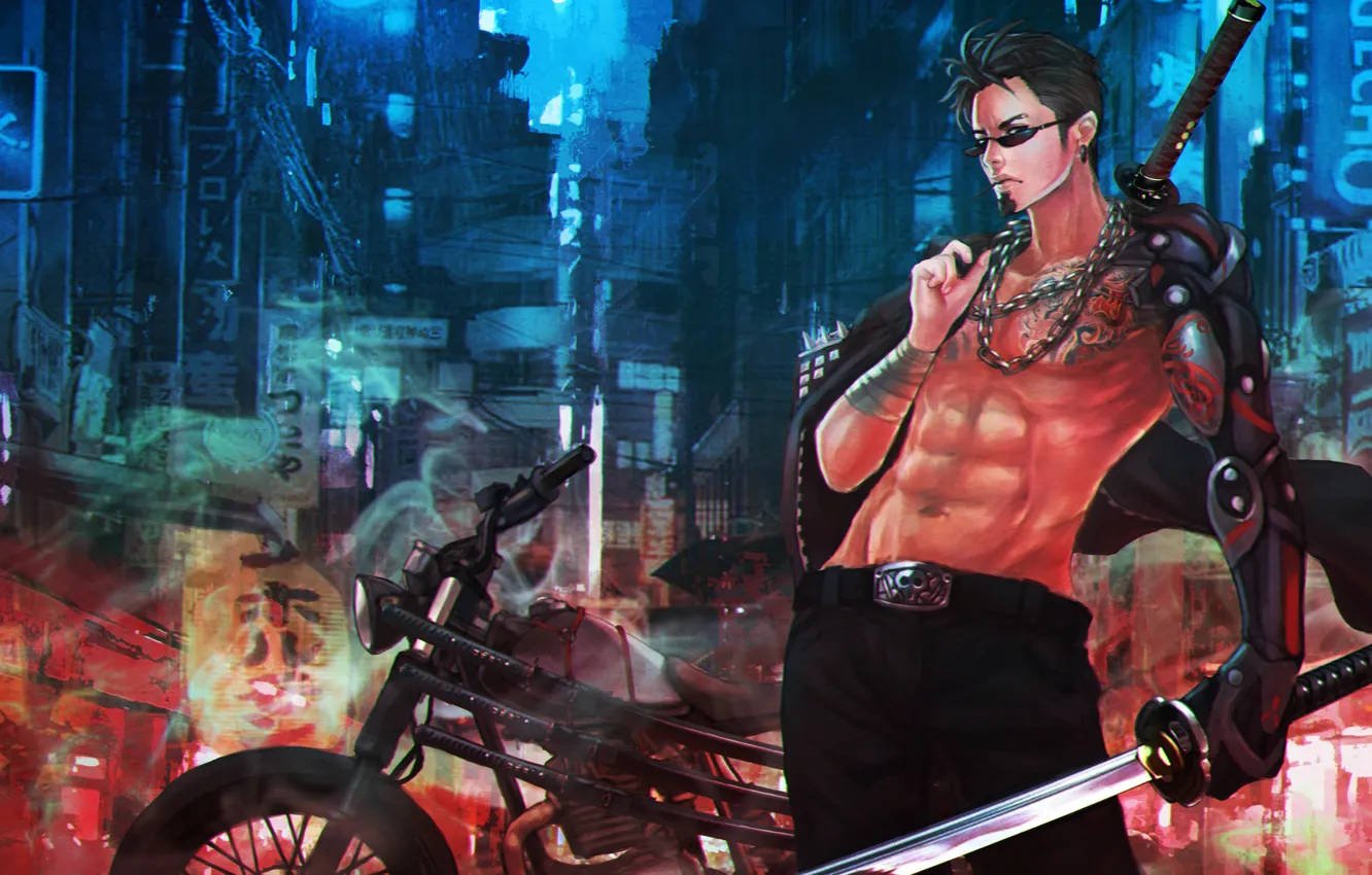Photo wallpaper fiction, sword, katana, hands, art, glasses, motorcycle, male