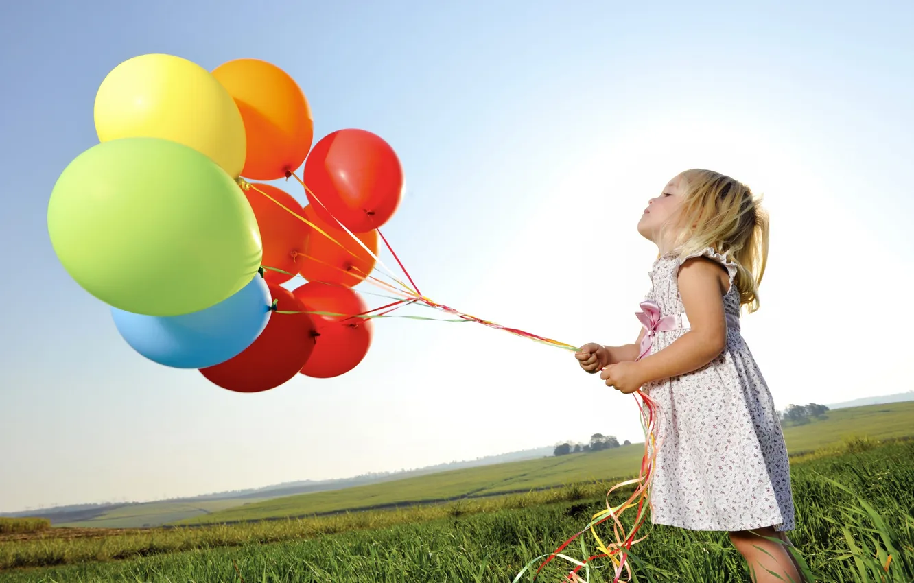 Photo wallpaper field, the sky, balls, children, dress, girl, colorful