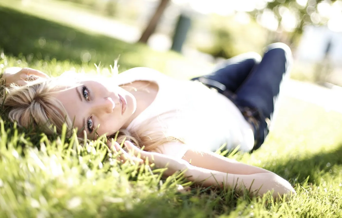 Photo wallpaper grass, girl, blonde, lies