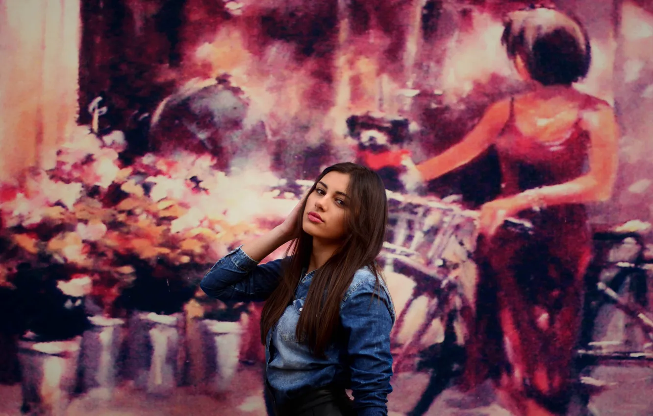 Photo wallpaper girl, pose, brunette, shirt