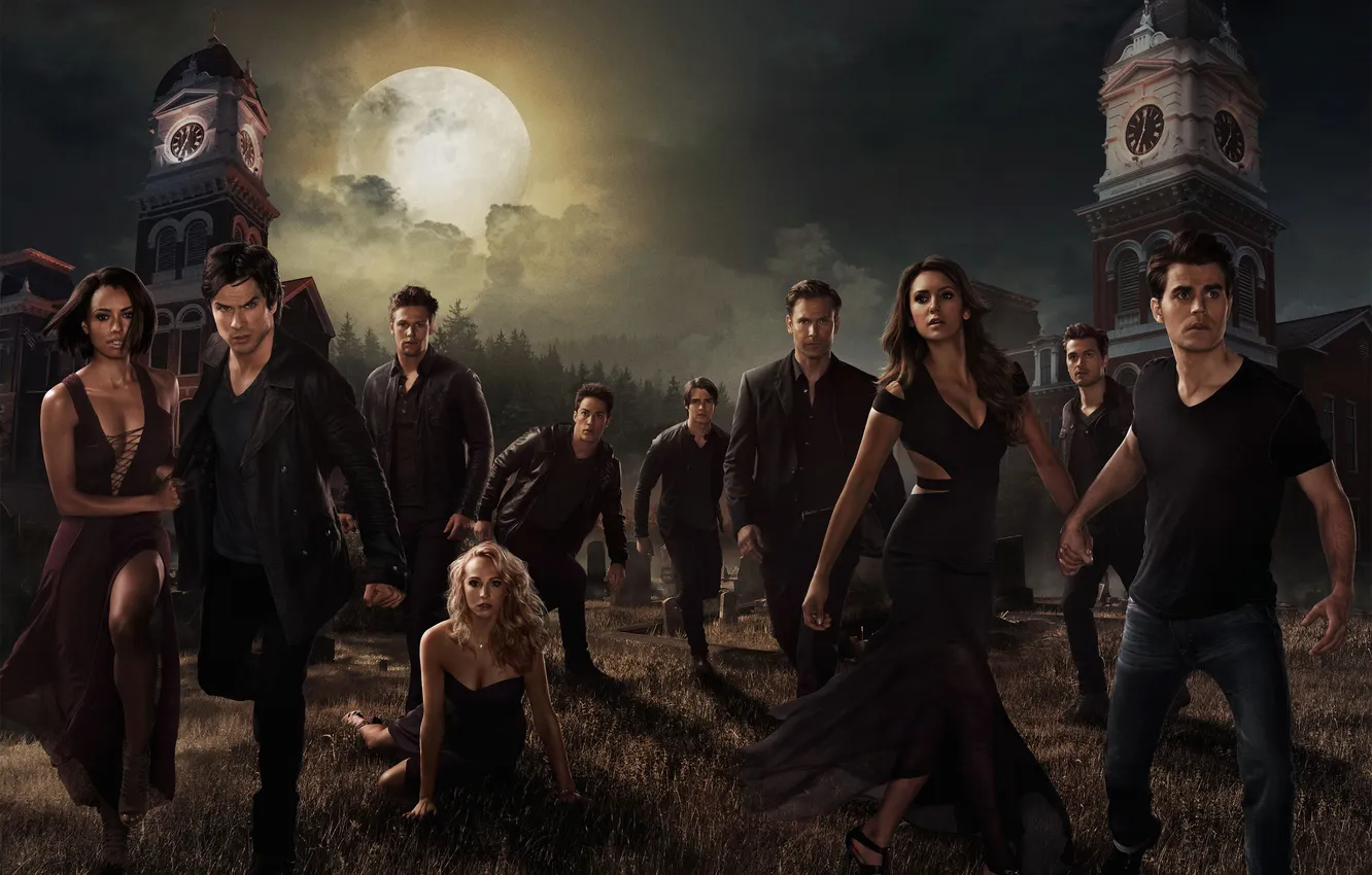 Photo wallpaper Nina Dobrev, The Vampire Diaries, Elena, Ian Somerhalder, stefan, Damon, Paul Wesley, Michael Trevino
