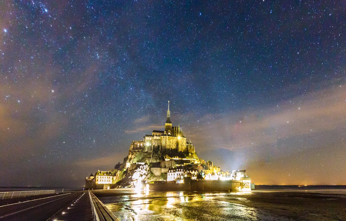 Photo wallpaper stars, night, castle, France, island, Normandy, Mont-Saint-Michel