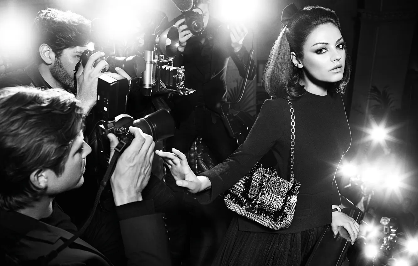 Photo wallpaper girl, flash, camera, actress, brunette, black and white, male, Mila Kunis