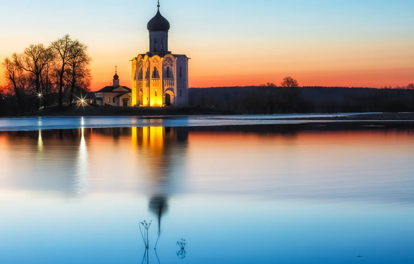 Photo wallpaper water, landscape, nature, dawn, Church, Bogolyubovo