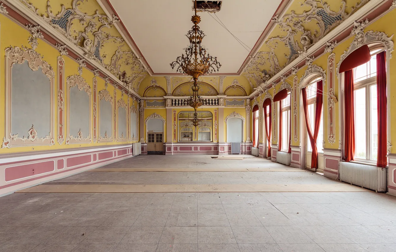 Photo wallpaper windows, palace, abandoned, hall, chandelier, curtains, decay, Doors