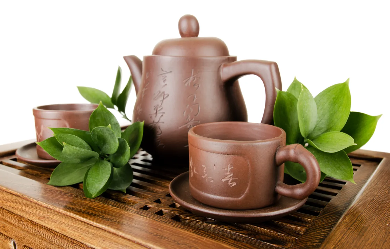 Photo wallpaper leaves, tea, kettle, Cup, dishes, white background, teapot, clay