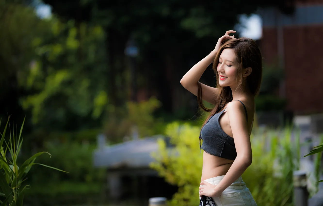 Photo wallpaper girl, pose, Asian, cutie, bokeh