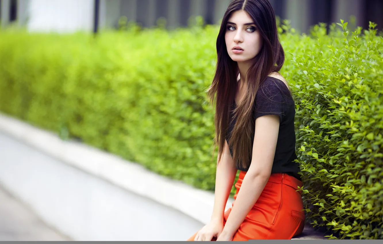 Photo wallpaper red, girl, woman, view, model, bushes, hair, pants