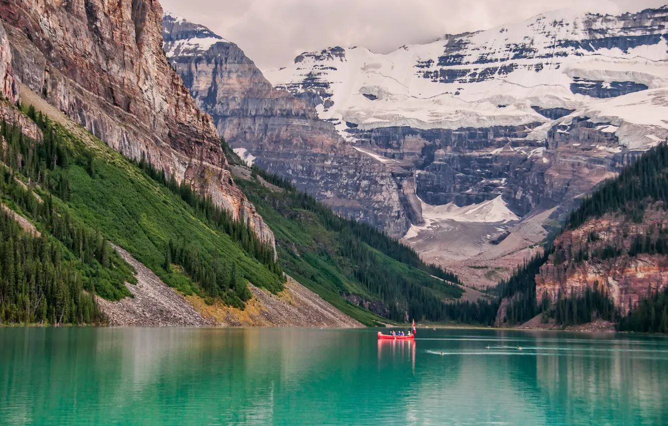 Photo wallpaper landscape, mountains, nature, lake, boat, the slopes, Canada, Lake Louise