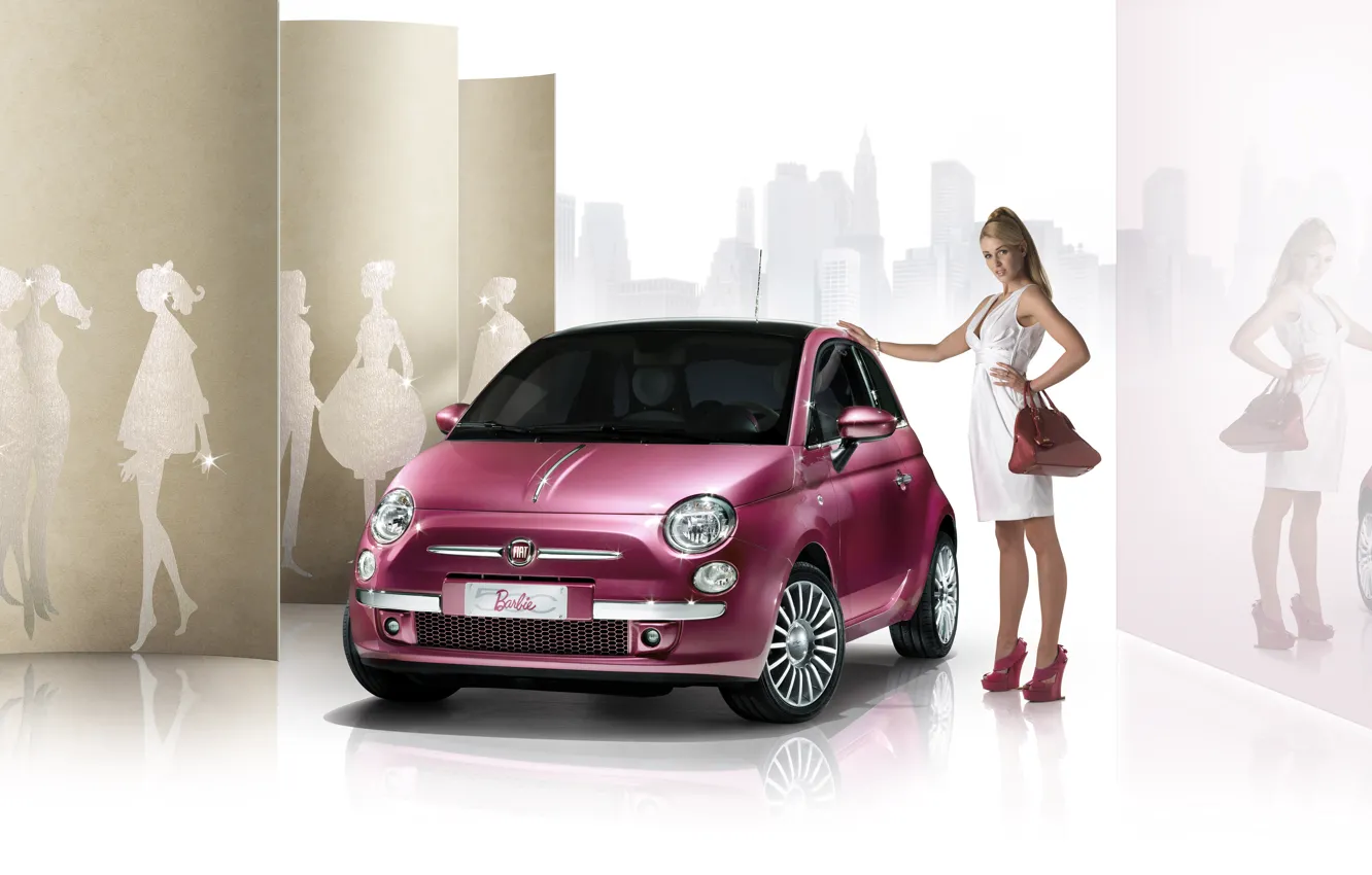 Photo wallpaper girl, Machine, in white, Fiat 500, pink car