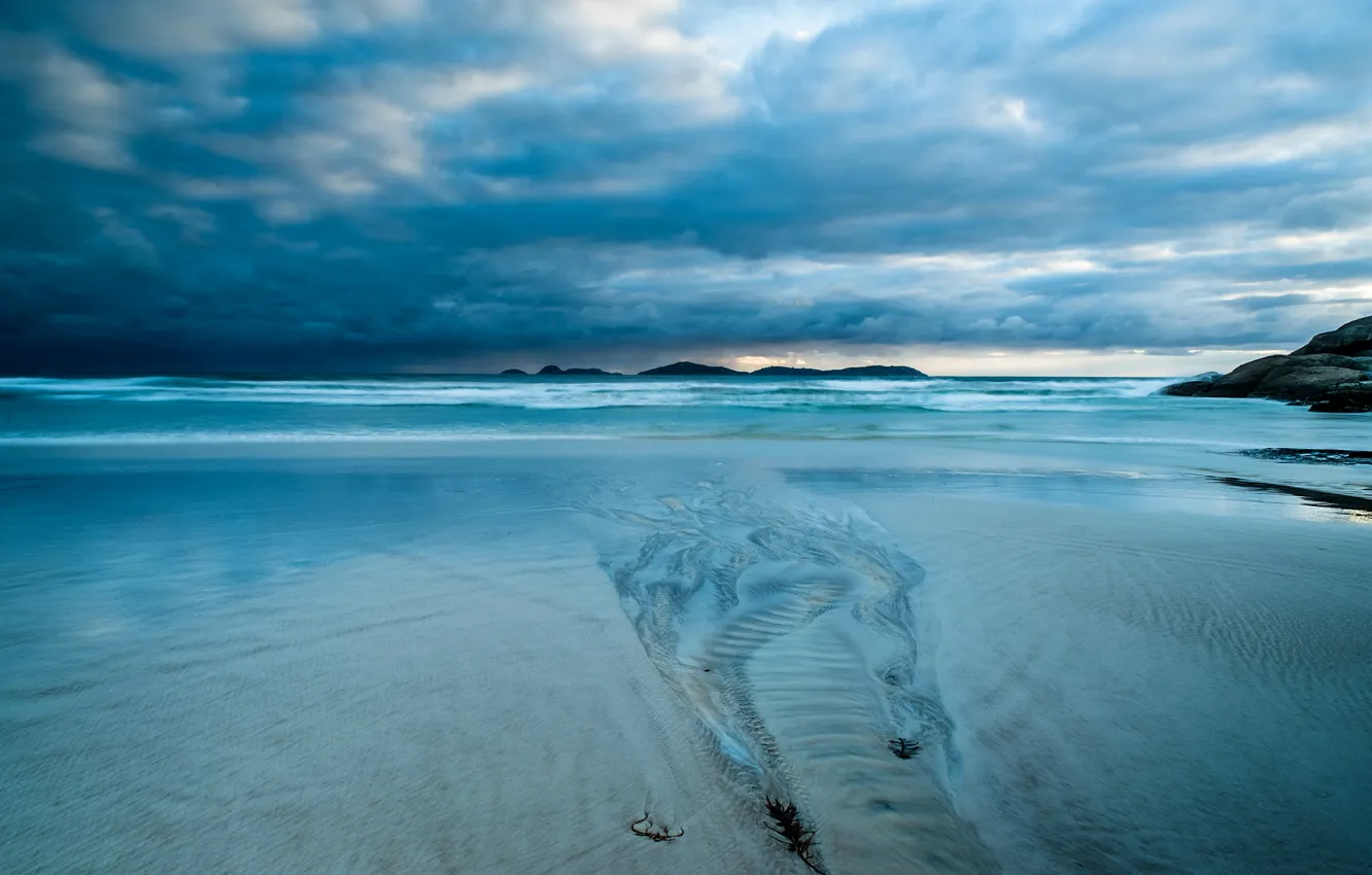 Photo wallpaper sand, sea, wave, beach, clouds, the evening